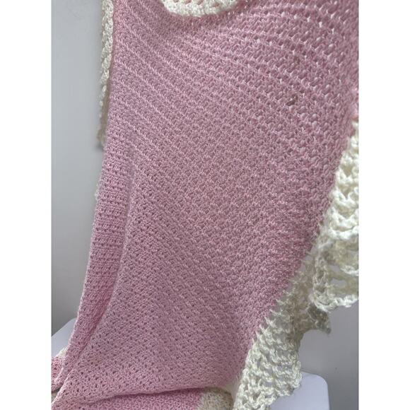 Handmade Crochet Baby Blanket Pink and Cream Ruffle Border 44"x29" Soft Yarn - Picture 6 of 9